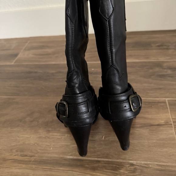 JUSTIN Black Buckle Strap High Heeled Leather Cowboy Boots - Picture 4 of 9